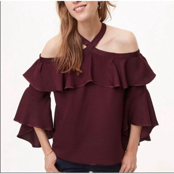 New LOFT Halter Blouse Size Medium Ruffle Off Shoulder Top Bell Sleeve Formal - Picture 2 of 13